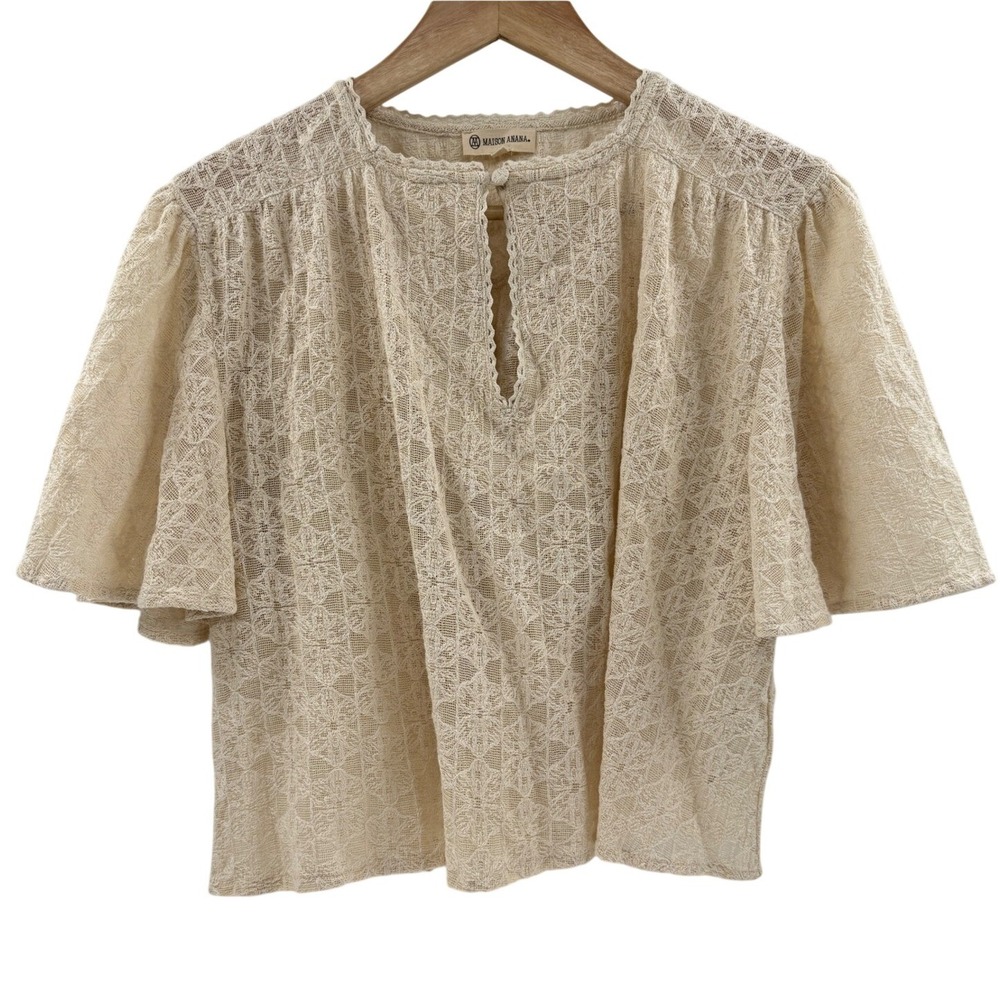 Maison Anana Women Cream Lace Flutter Sleeve Boho Blouse Medium MASS-INC-25051